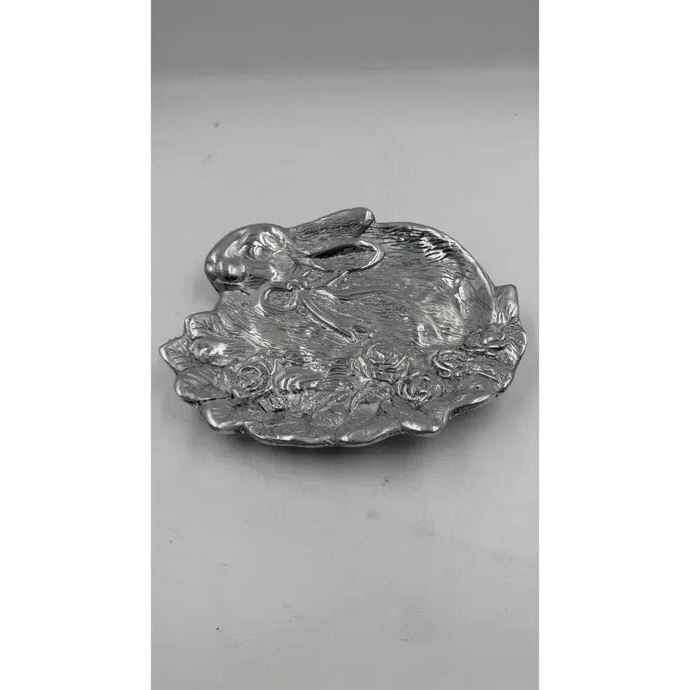 Vintage BUNNY RABBIT Dish Silver Pewter Metal Made in Mexico 9